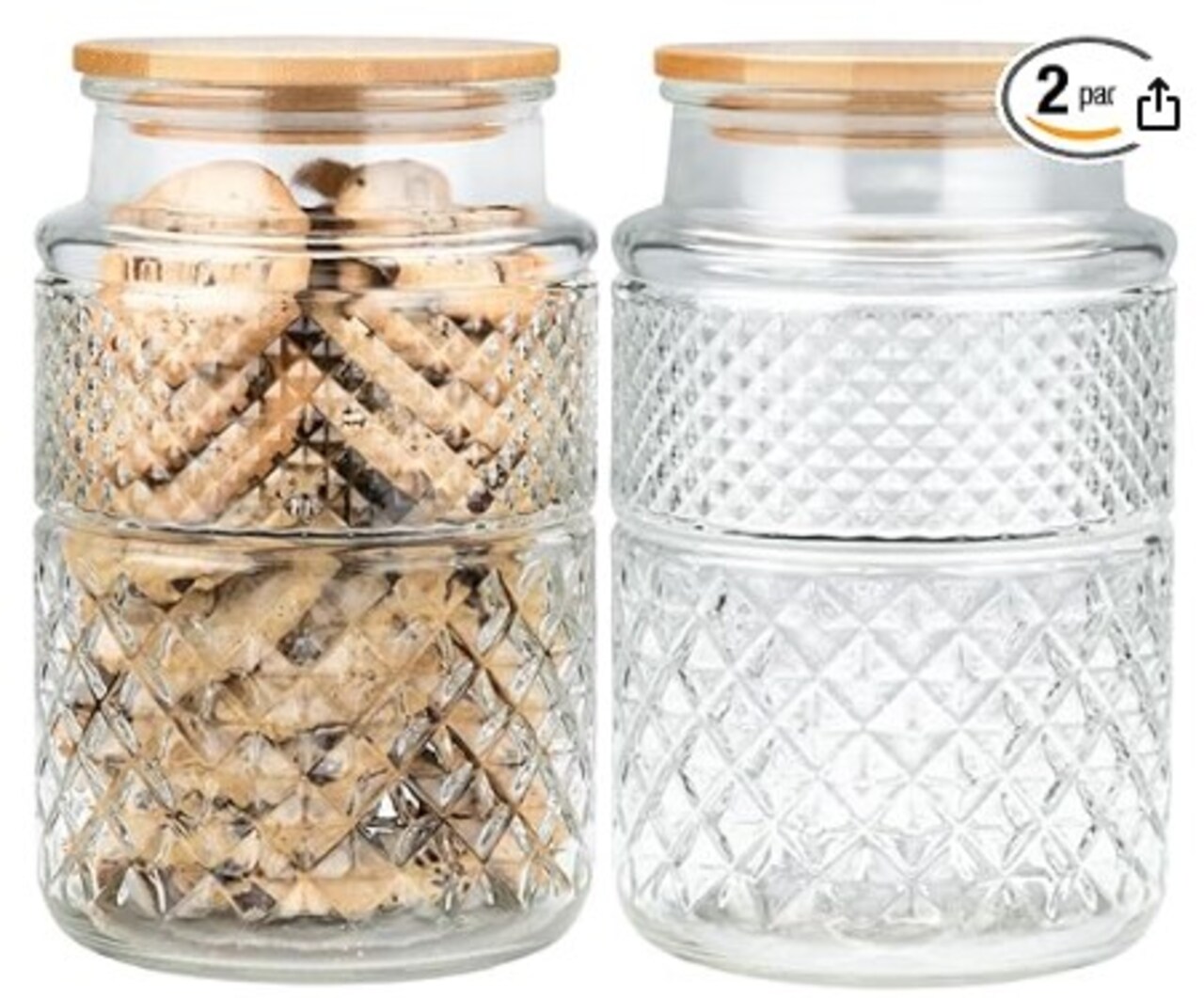 Glass Food Storage Containers with Vintage Diamond Pattern, Kitchen Containers - Coffee Pasta Sugar Tea Snack Cookie Jar with Airtight Lids - Set of 2 60 Ounce Round Large Glass Jar with Bamboo Lid
